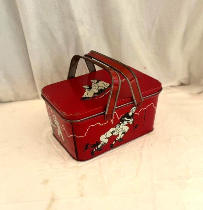 DECOWARE 1930s Sports Childrens Lunch Pail Box With Insert Lithograph Tin VNTG