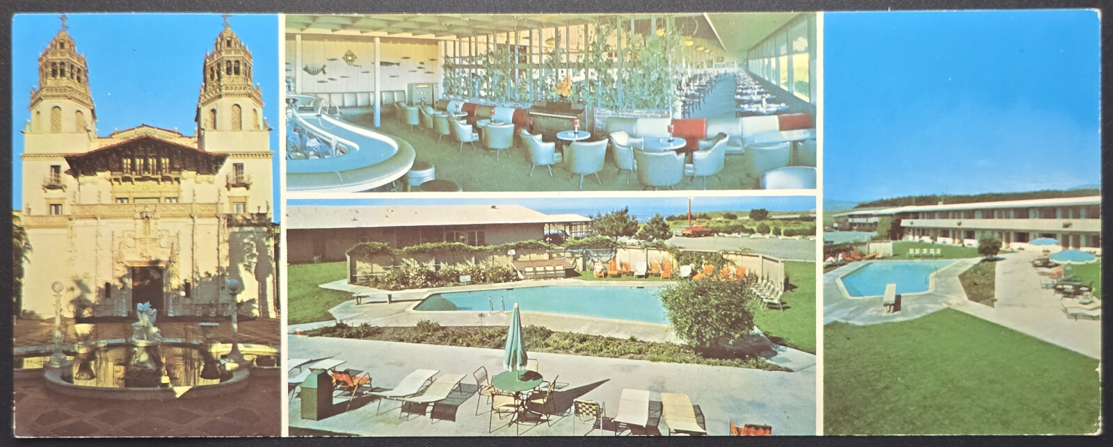 Vintage San Simeon Lodge California Postcard Hwy 1 Hearst Castle Pool Dining