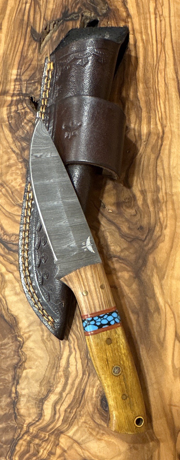 Hometown Knives 8.5 Inch Damascus Steel Blade W/ Wood and Blue Turquoise Handle