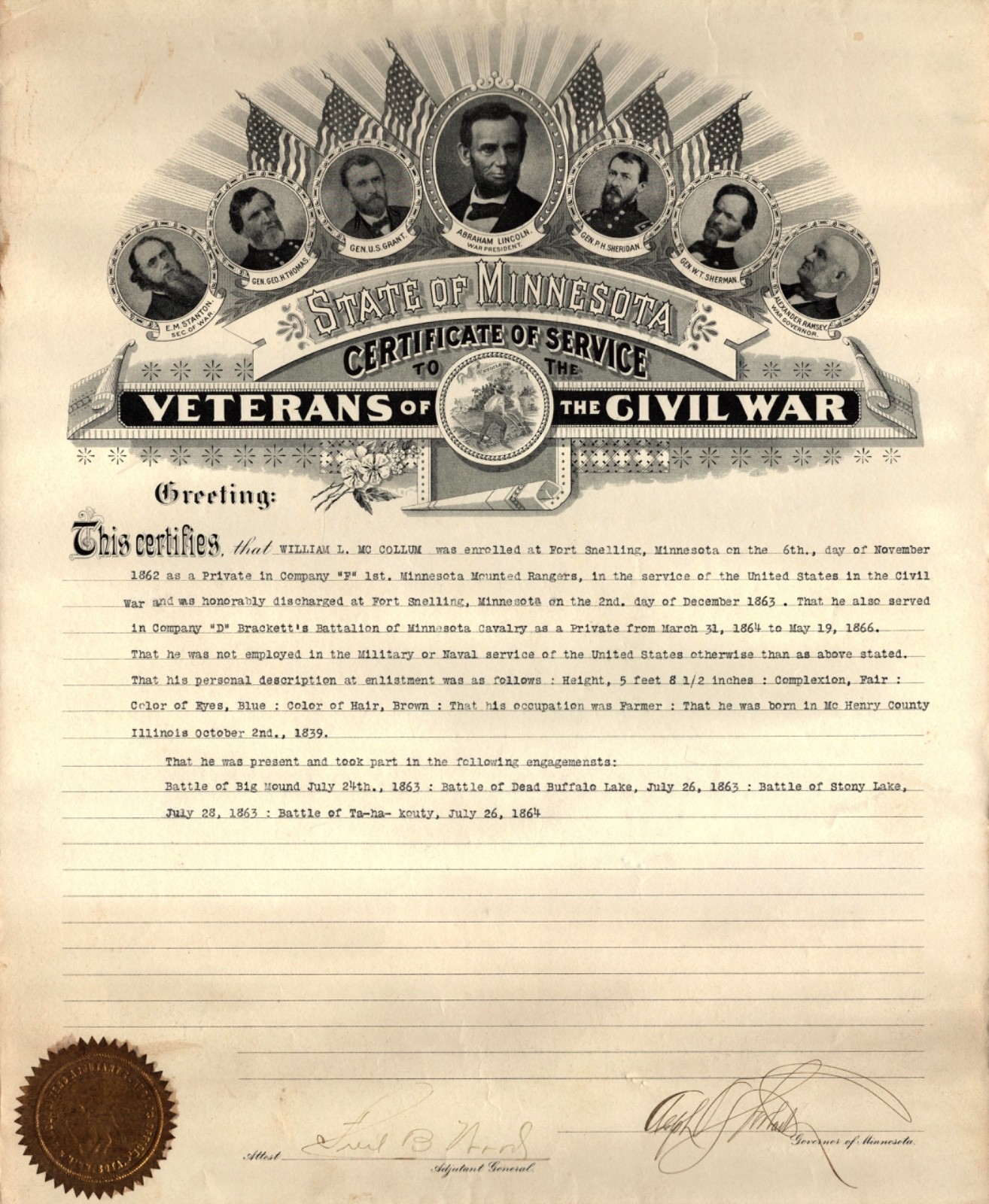 Civil War Battles Veterans Certificate Minnesota State Signed Governor 14\