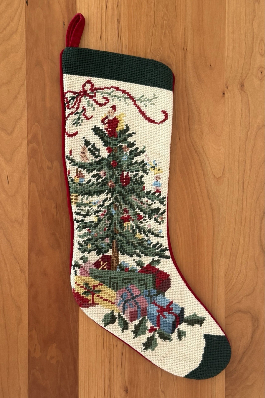 Vtg Handmade Wool Needlepoint Christmas Stocking Tree Gifts Toys Lined 19\