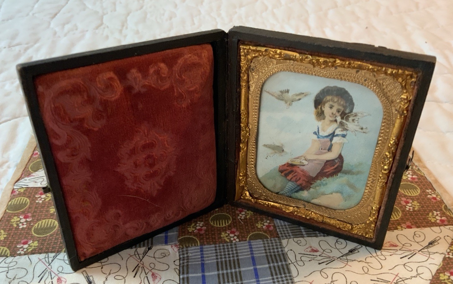 Antique Victorian Trade Card Ephemera Framed, Full Union Case, Young Girl, Birds