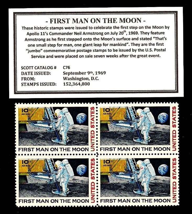 1969 - FIRST MAN ON THE MOON – Mint  Block of Four Vintage Postage Stamps