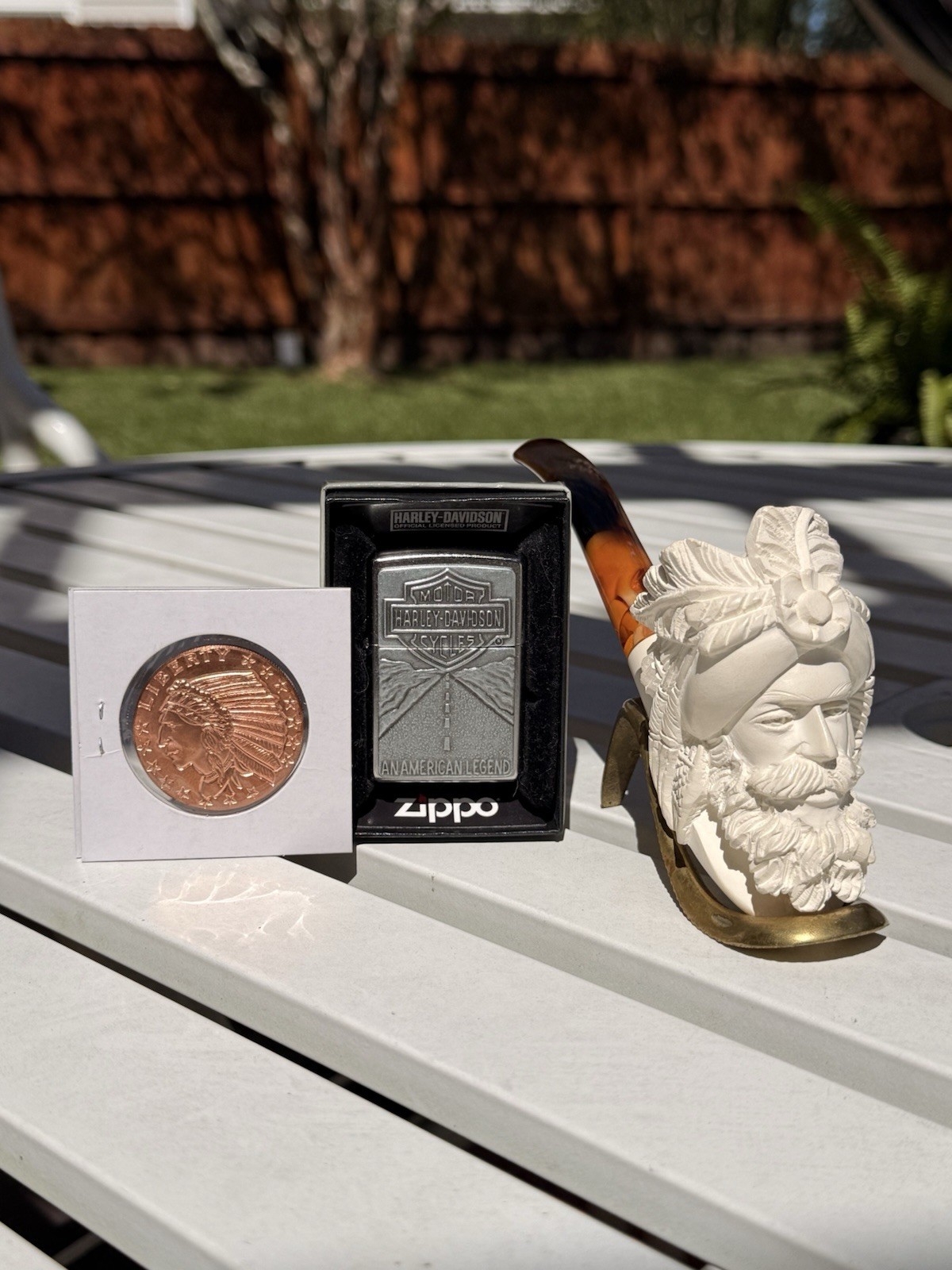 Vintage Bearded Cavalier Meerschaum Pipe, Harley Davidson Lighter & Copper Coin
