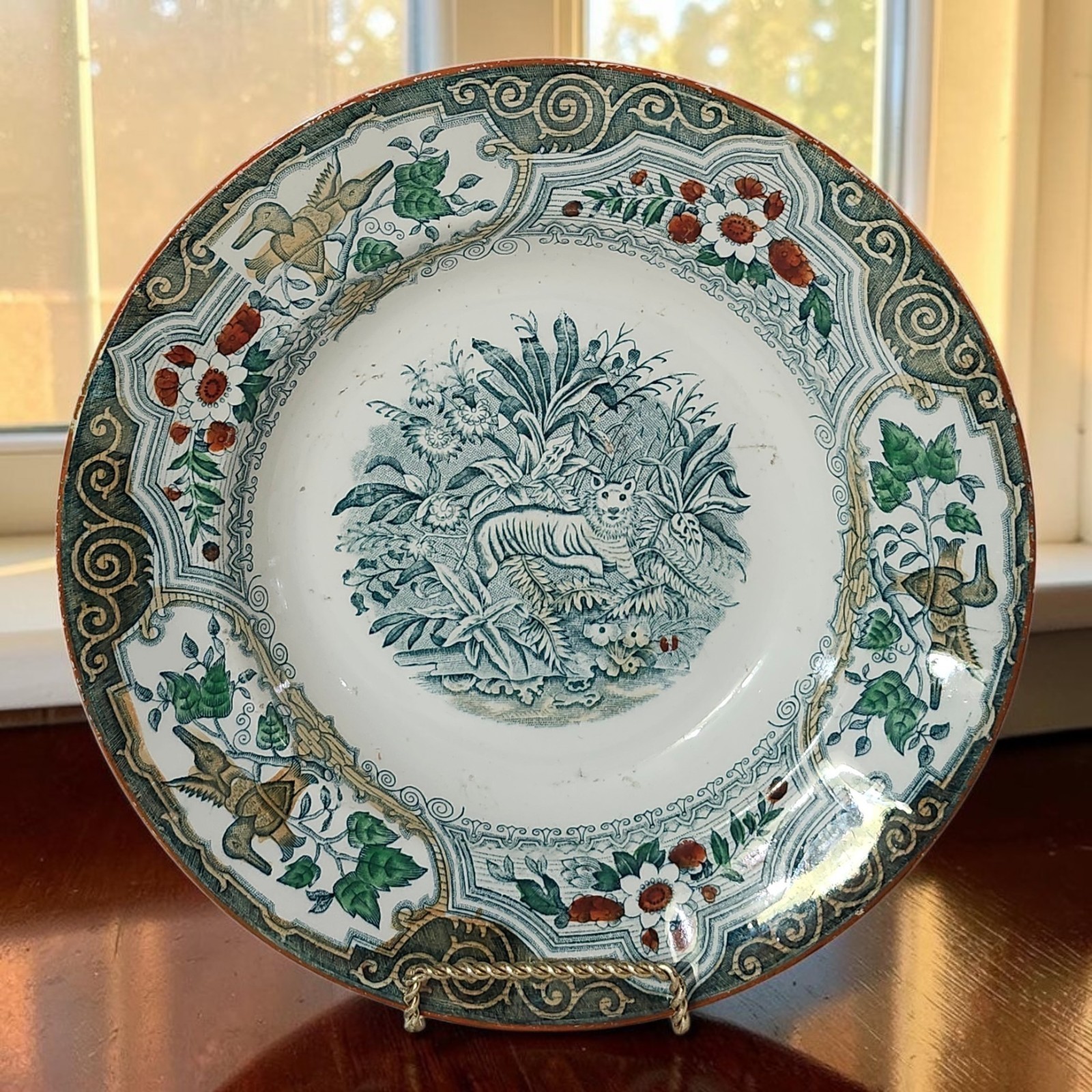Antique Imperial Russian Kuznetsov Tver Plate Tiger Jungle Faience Export 1890s