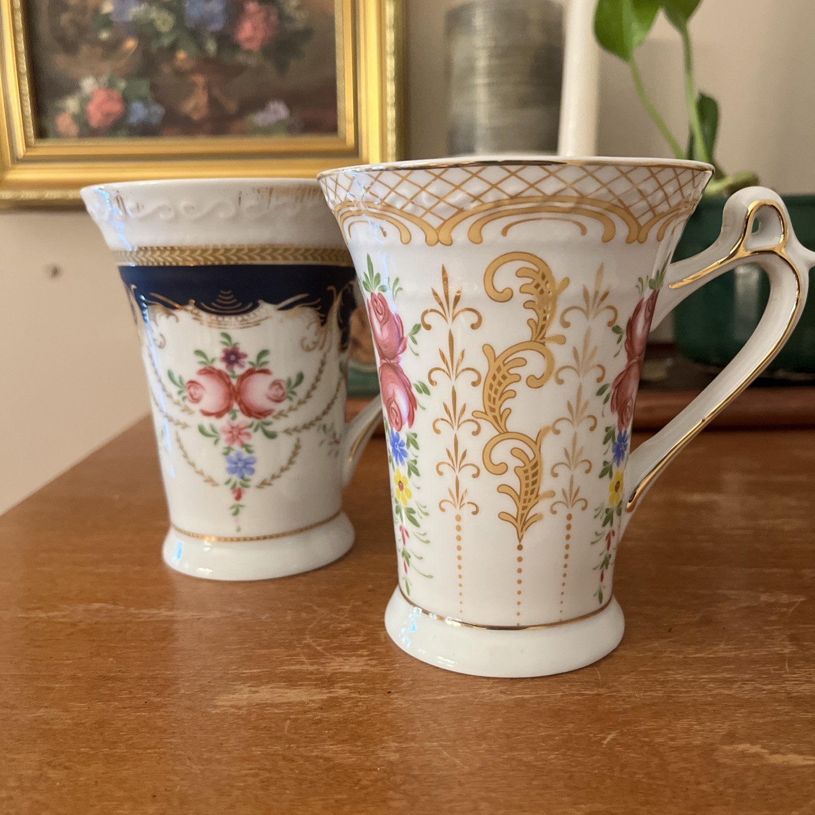 Vintage Royal Scotland Pedestal Mug Lot x2 Pink Roses Gold Gilded Tea Cups 4.75”