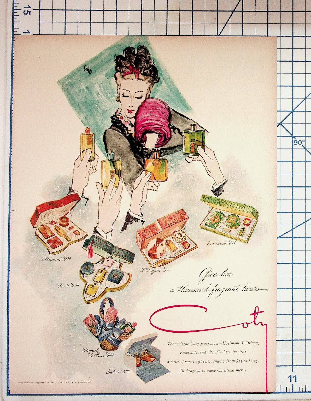 Vintage 1940s Coty Perfume Fragrance Ad L\'Aimant L\'Origan Emeraude Print Eric