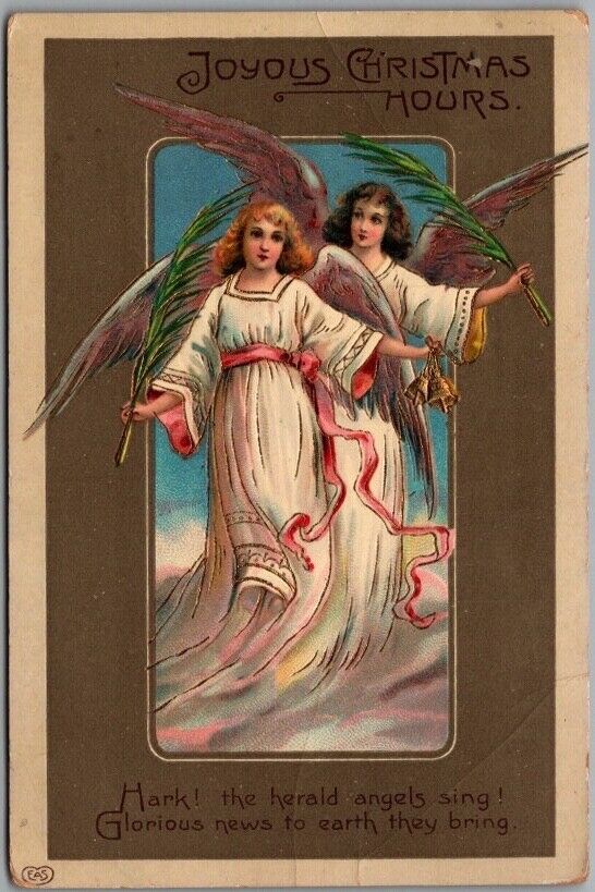 Vintage 1912 CHRISTMAS Embossed GEL Postcard Pretty Flying Angel Girls \