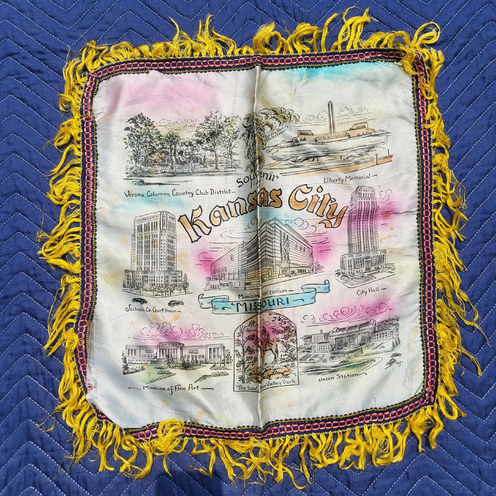 Vintage Kansas City Missouri Novelty Souvenir Satin Pillow Case Cover Plus Bonus