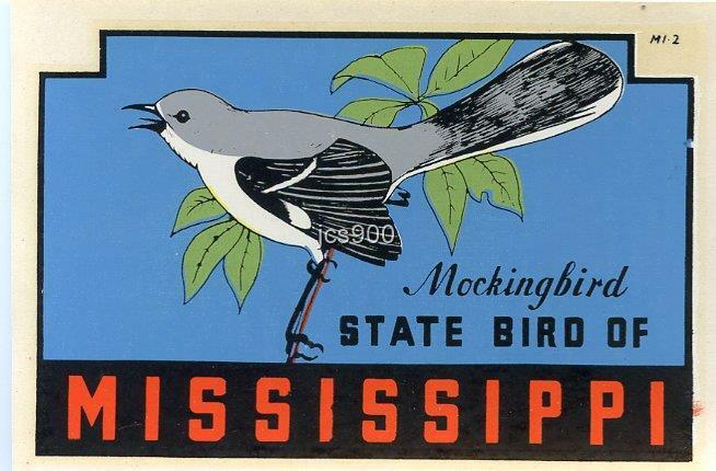 VINTAGE MISSISSIPPI STATE MOCKINGBIRD SOUVENIR TRAVEL WATER BIRD LUGGAGE DECAL