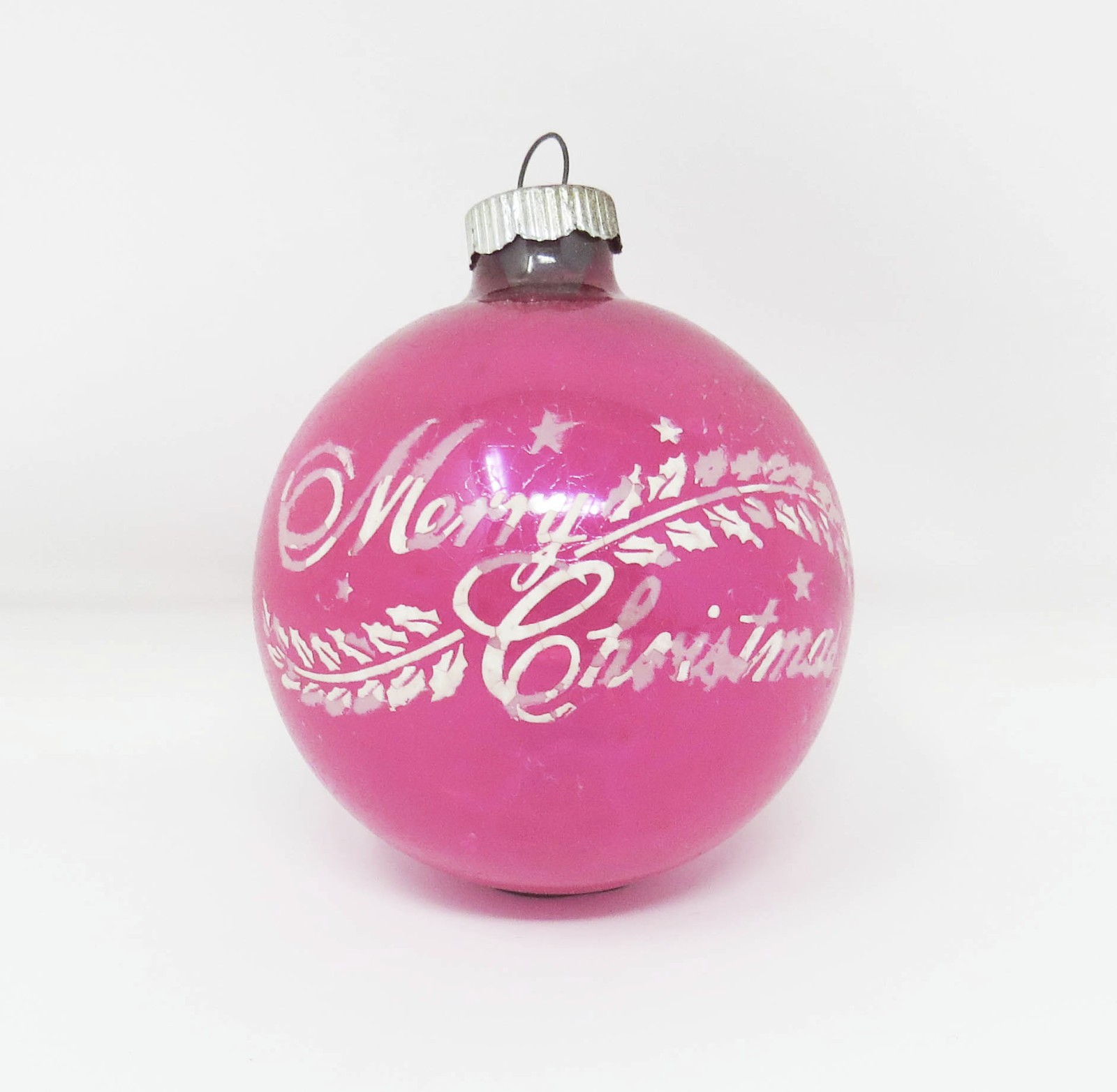 Vintage Pink Merry Christmas Stenciled Ornament ~ Shiny Brite ~ 2-1/2\