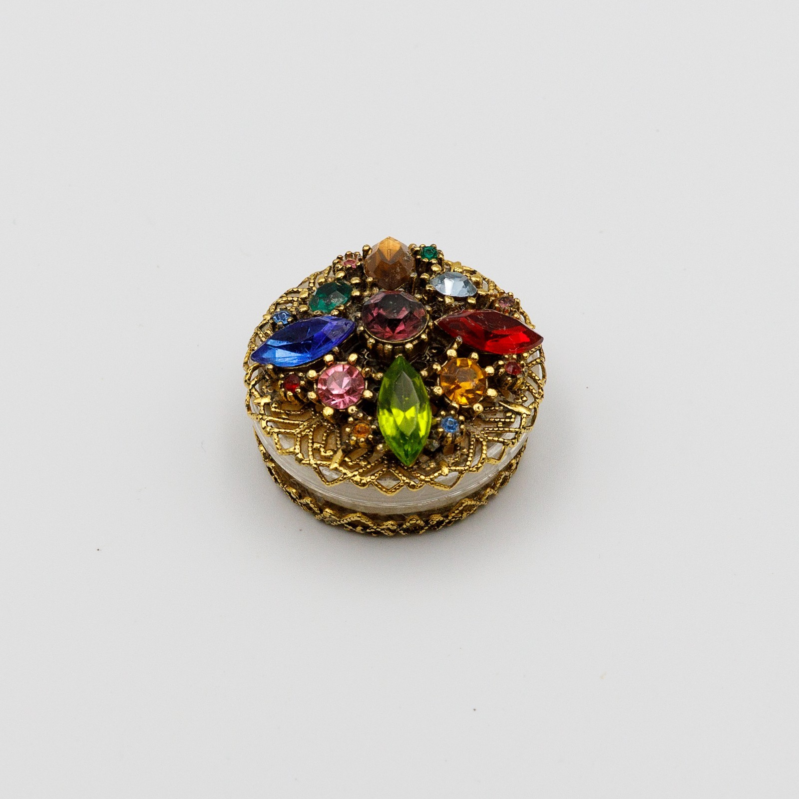 Vintage 70s Jeweled Solid Perfume Compact Rnd Rhinestone Pill Trinket Box Empty