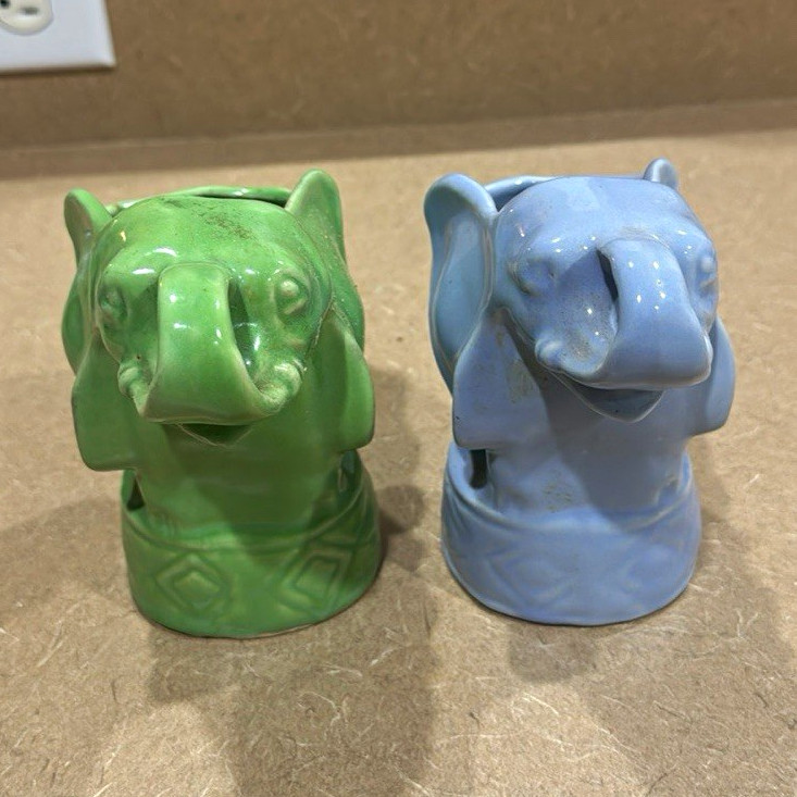 Pair Vintage Niloak Pottery Elephant Planters Blue & Green Trunk Up 1940s Circus