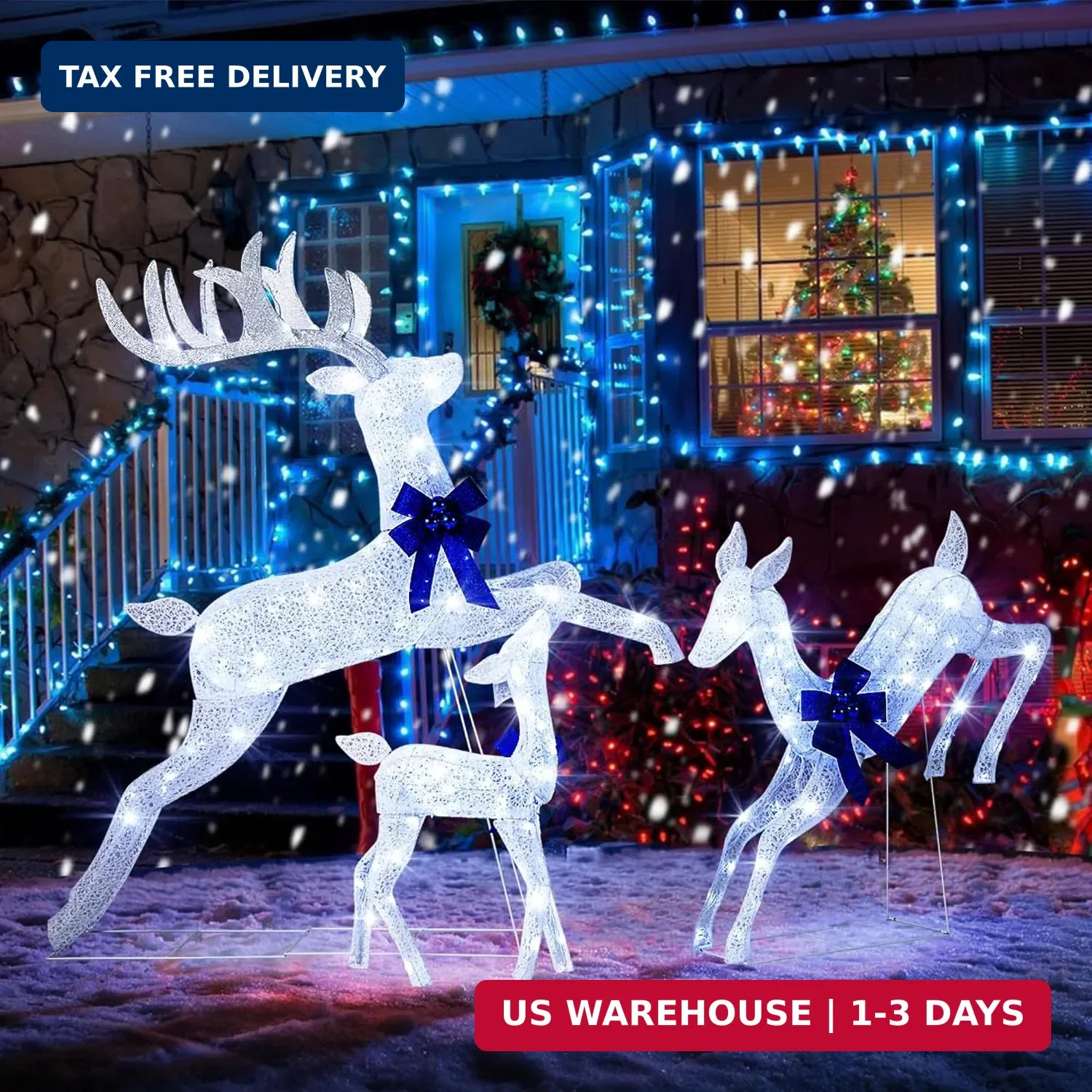3 Piece Lighted Reindeer Family Set White 255 LED Christmas Outdoor Yard Decor