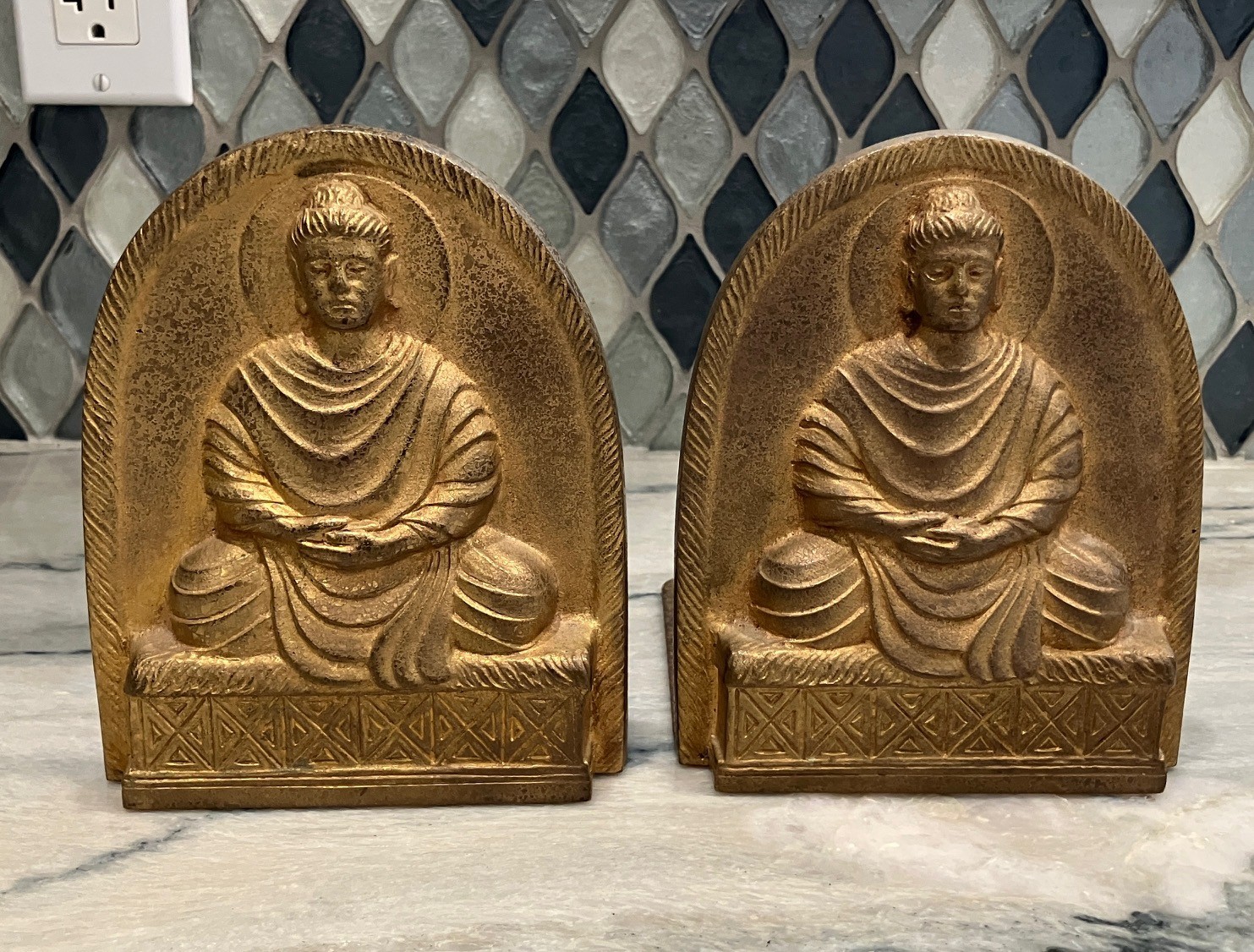 Antique Bronze Buddha Bookends, Tiffany Studios, # 1025, Original Gilded Finish