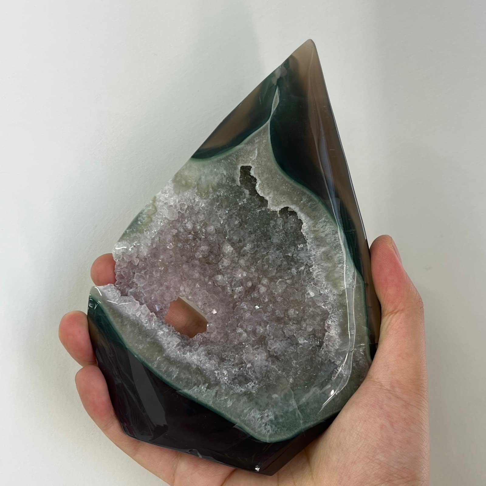 420g Natural Amethyst Geode Flame Crystal Agate Teardrop Carving Desk Decor
