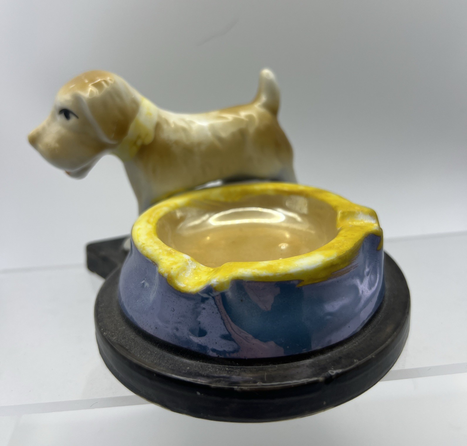 Vtg 1960's  Ceramic Terrier Dog Ashtray Made in Japan Trinket Dish Yellow Blue