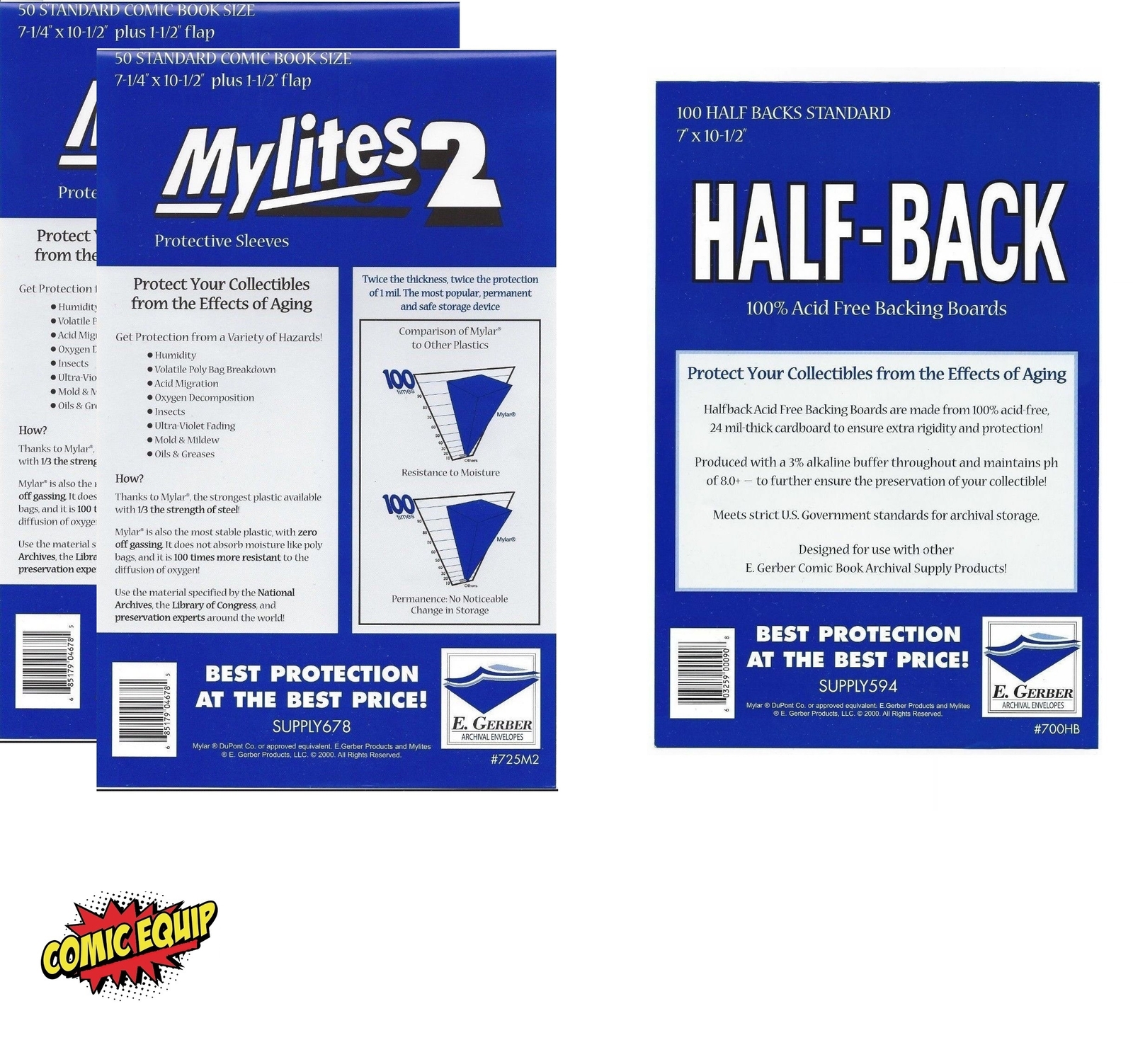 100 Mylites2 STANDARD Mylars Bags & Half Back Comic Boards 725M2/700HB E. Gerber