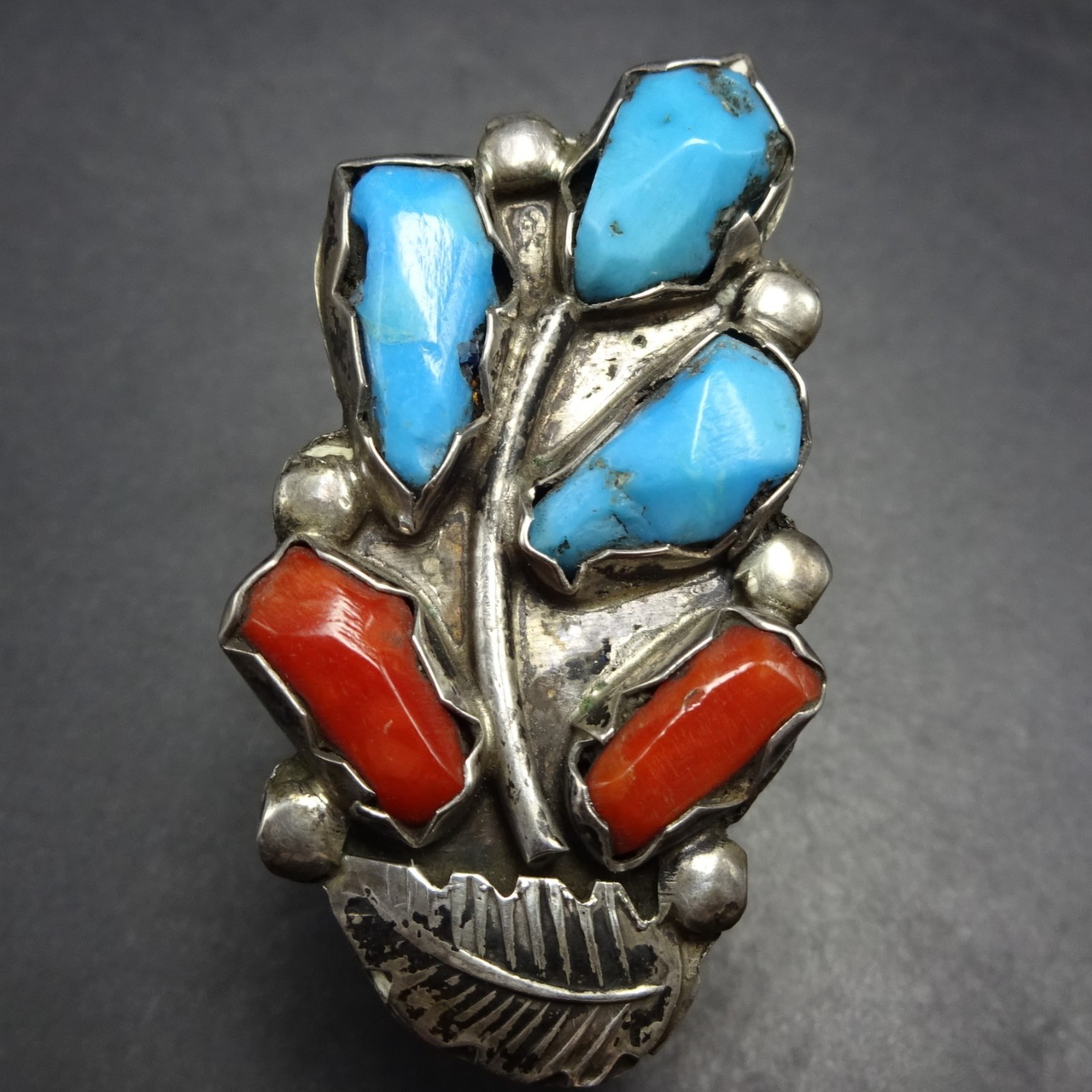Vintage ANGIE CHEAMA Zuni TURQUOISE CORAL Sterling Silver RING size 5.25