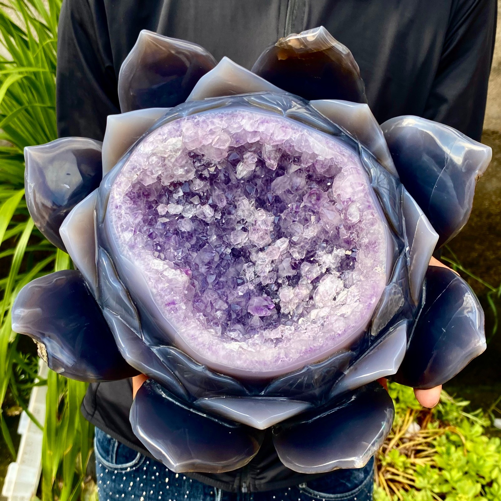 19.16LB Natural Agate Geode Carved Lotus Flower, Hand Carved Healing Crystal Hom