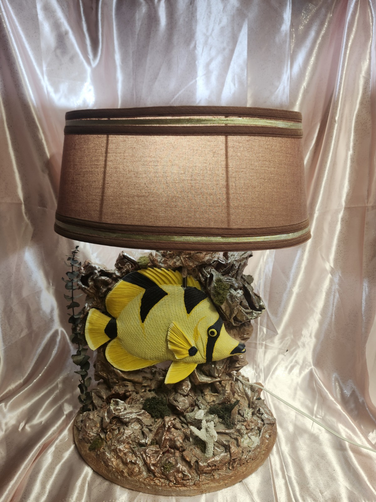 Vintage Papier Mache Fish Table Lamp Handmade Mixed Media Nautical Reef Light