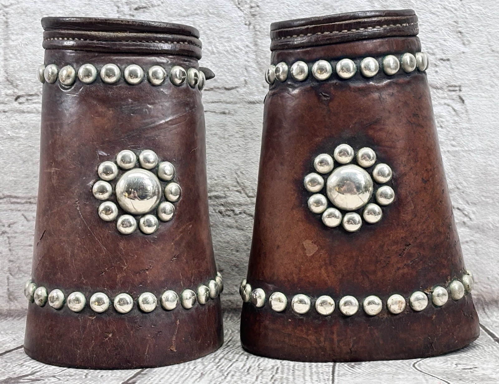 Antique Tooled Leather Cowboy Cuffs Protective Gauntlets Nickel Studded Pair