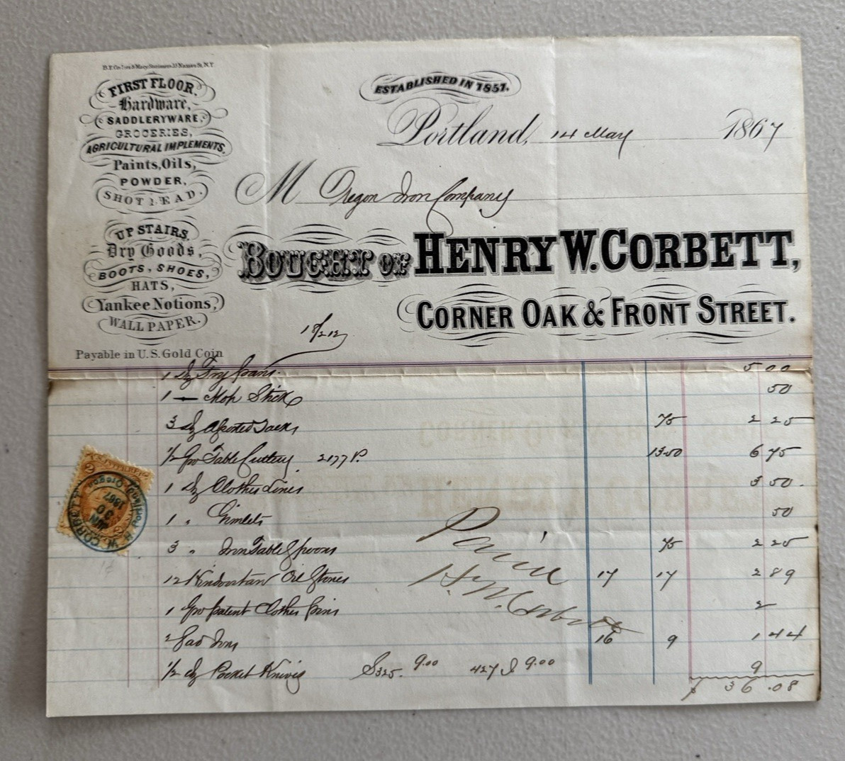 1867 Henry W Corbett Signed Portland Oregon Billhead Invoice Oregon Iron Company
