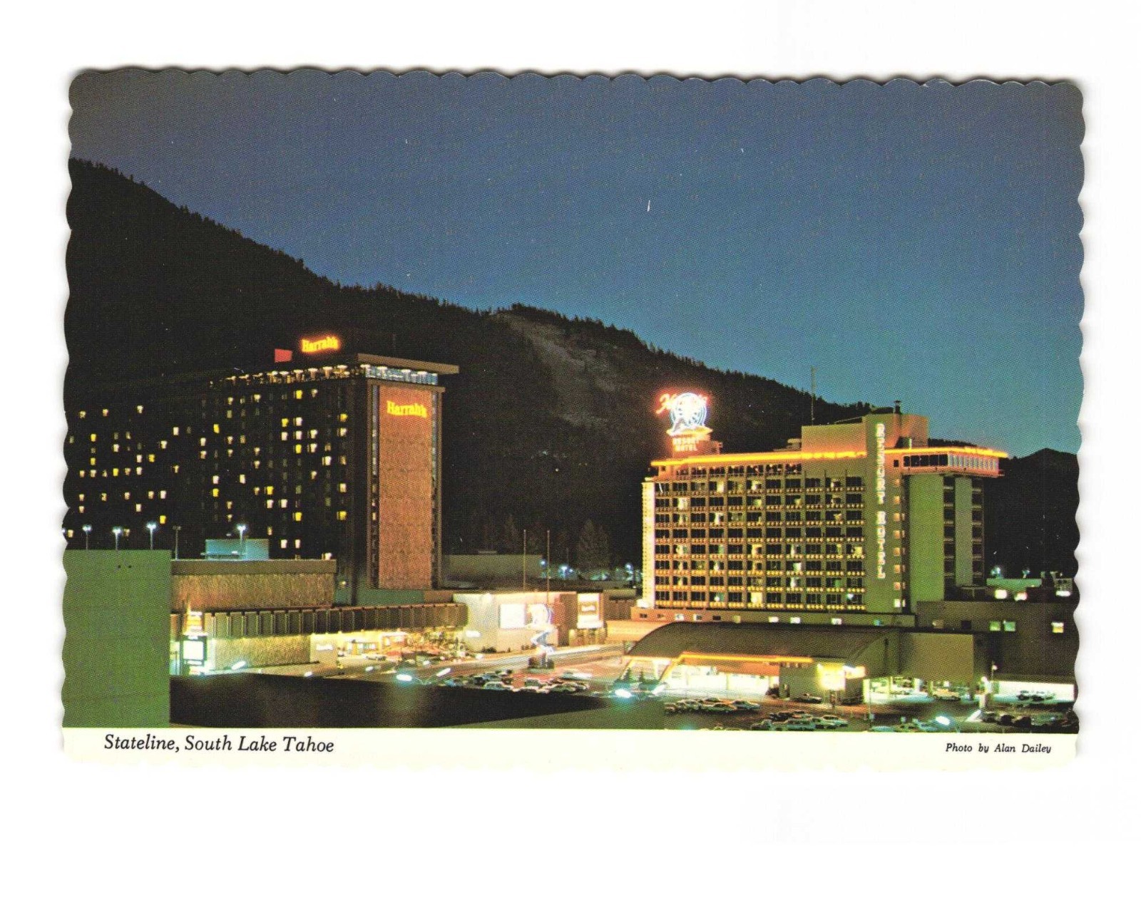 Stateline South Lake Tahoe night View of hotels and casinos VTG postcard Unp