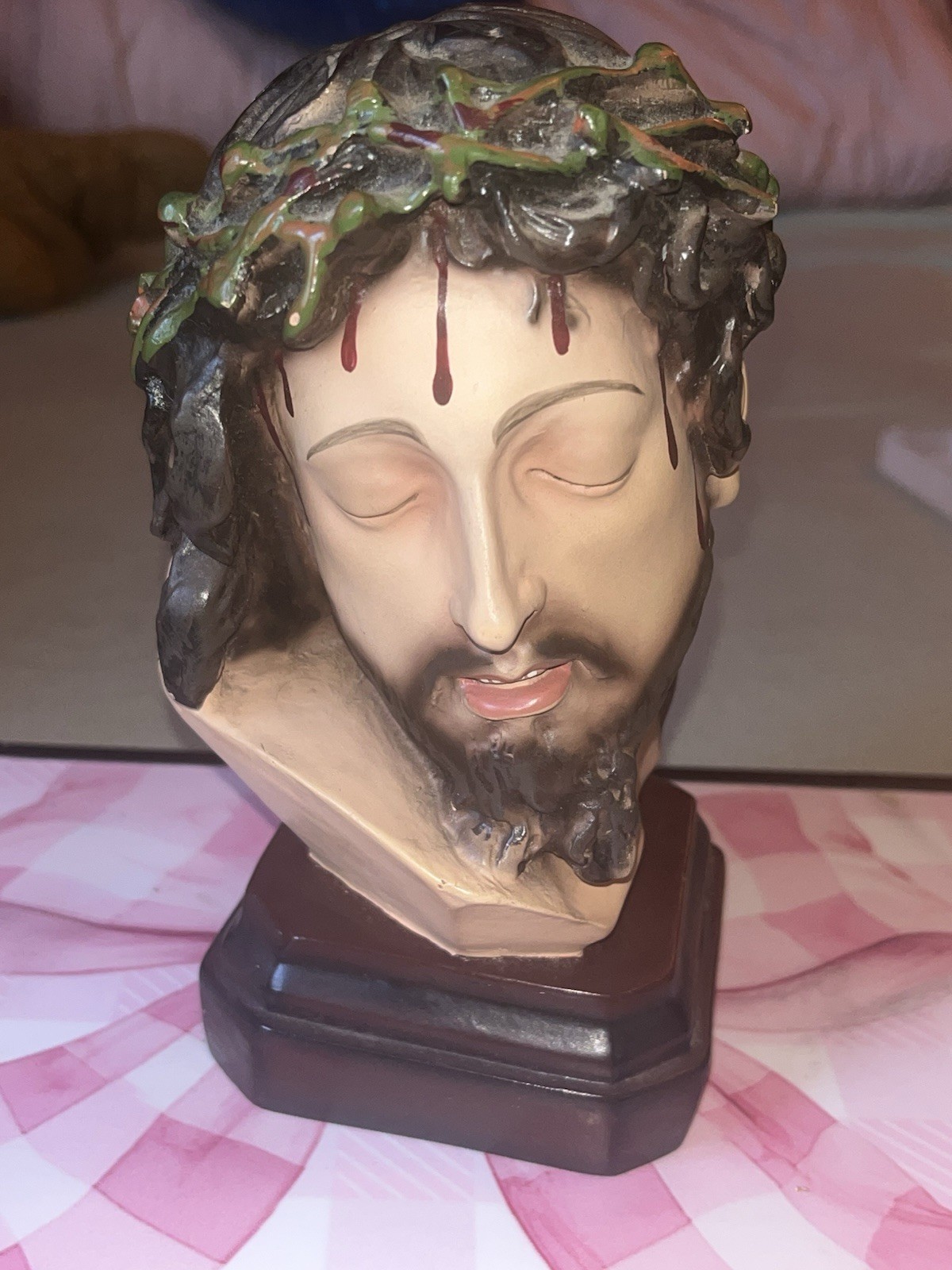 Jesus Bust Statue Figurine Crown of Thorns Brown Base vintage 1930-1970