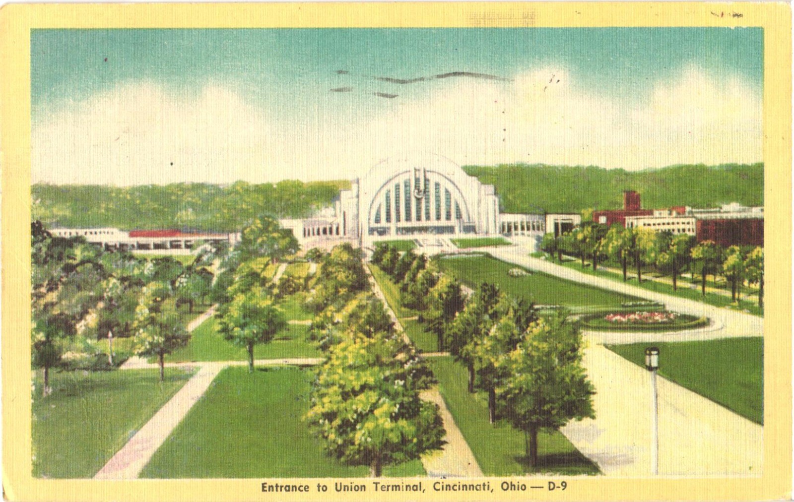 Cincinnati OH Union Terminal Entrance Aerial View Chrome Postcard 1946 Posted