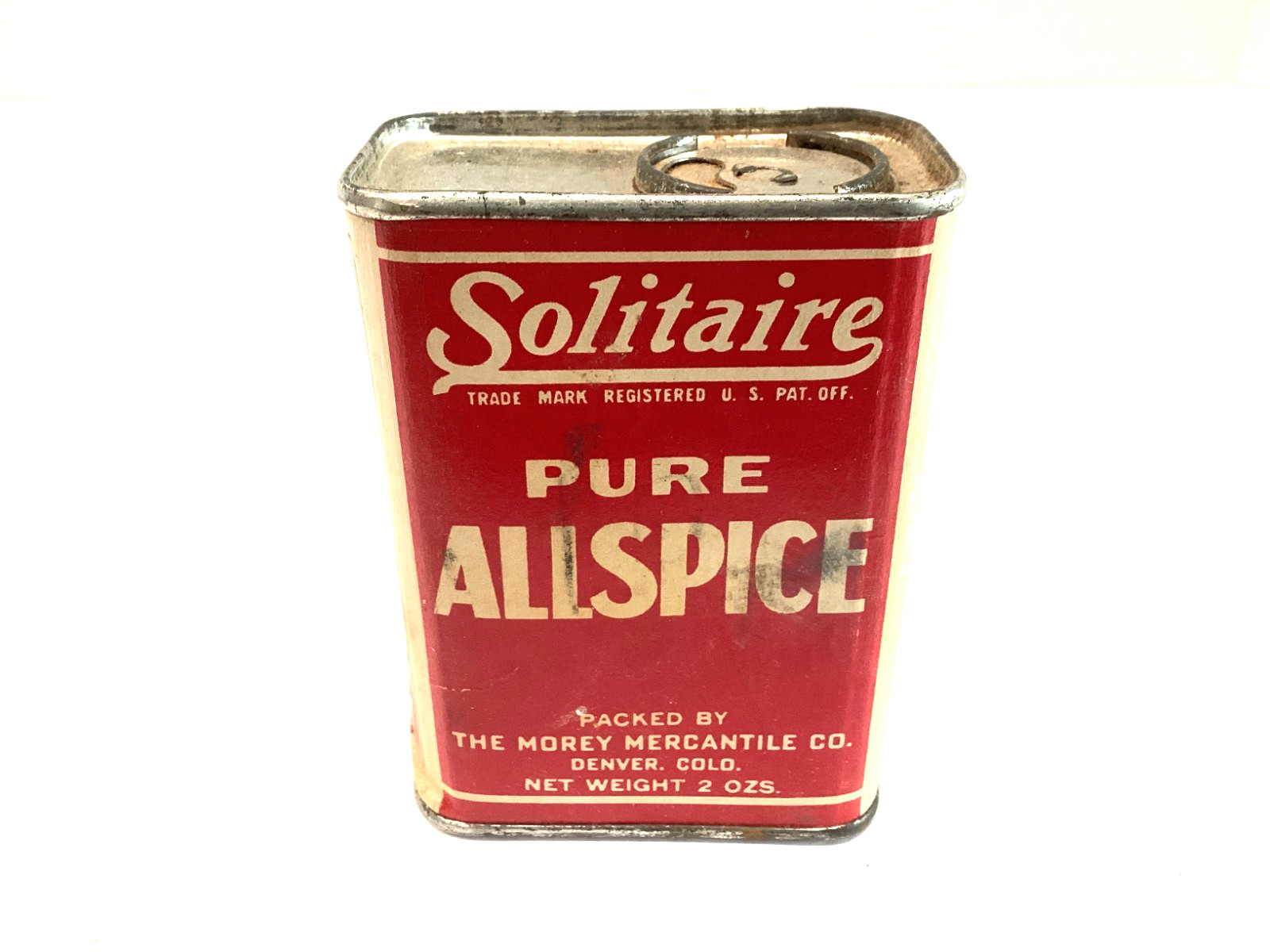 ANTIQUE SOLITAIRE PURE ALLSPICE 2oz TIN THE MOREY MERCANTILE CO DENVER CO