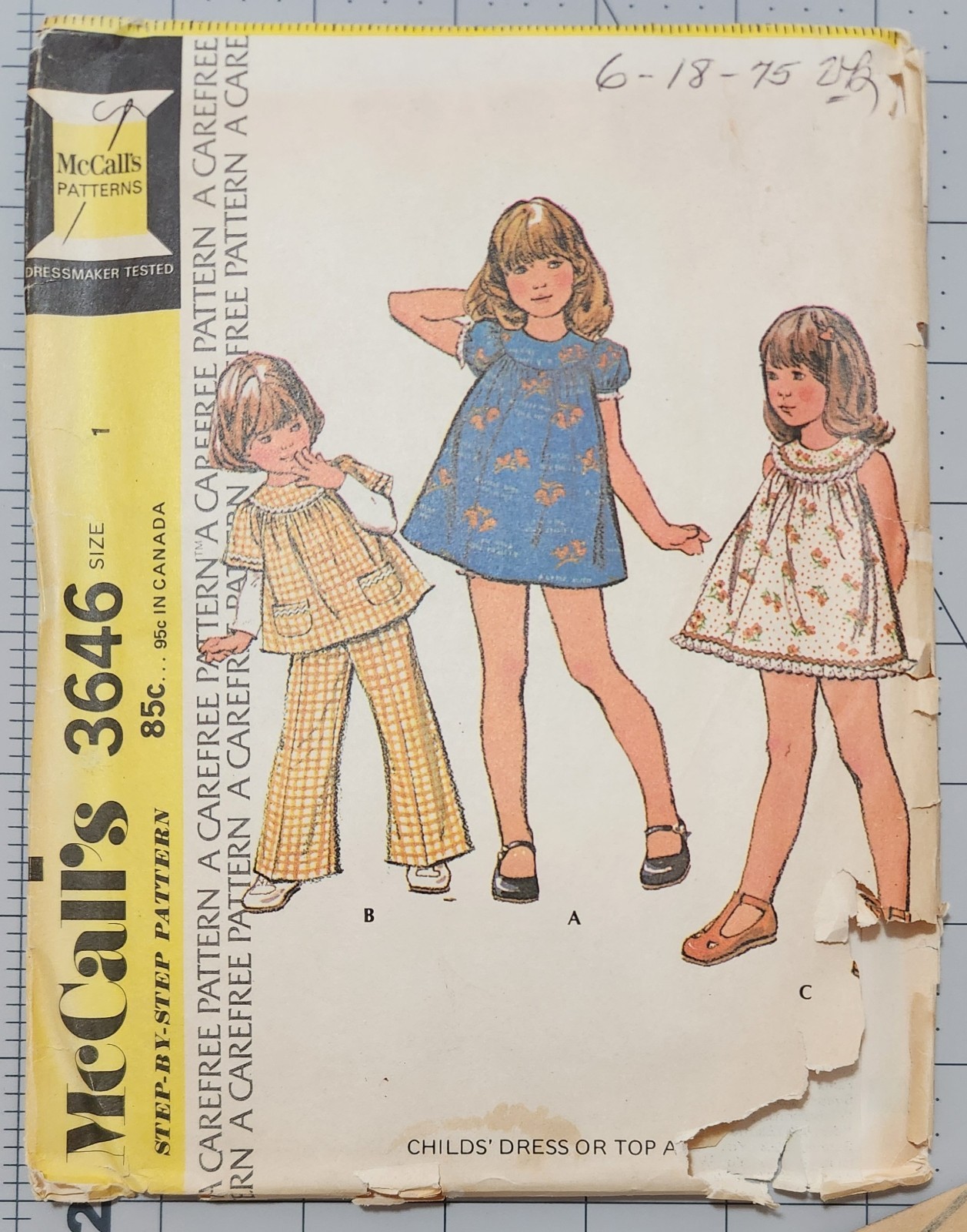 Vintage 1973 McCall's Child's Dress or Top and Pants Pattern 3646 Size 1 UNCUT 
