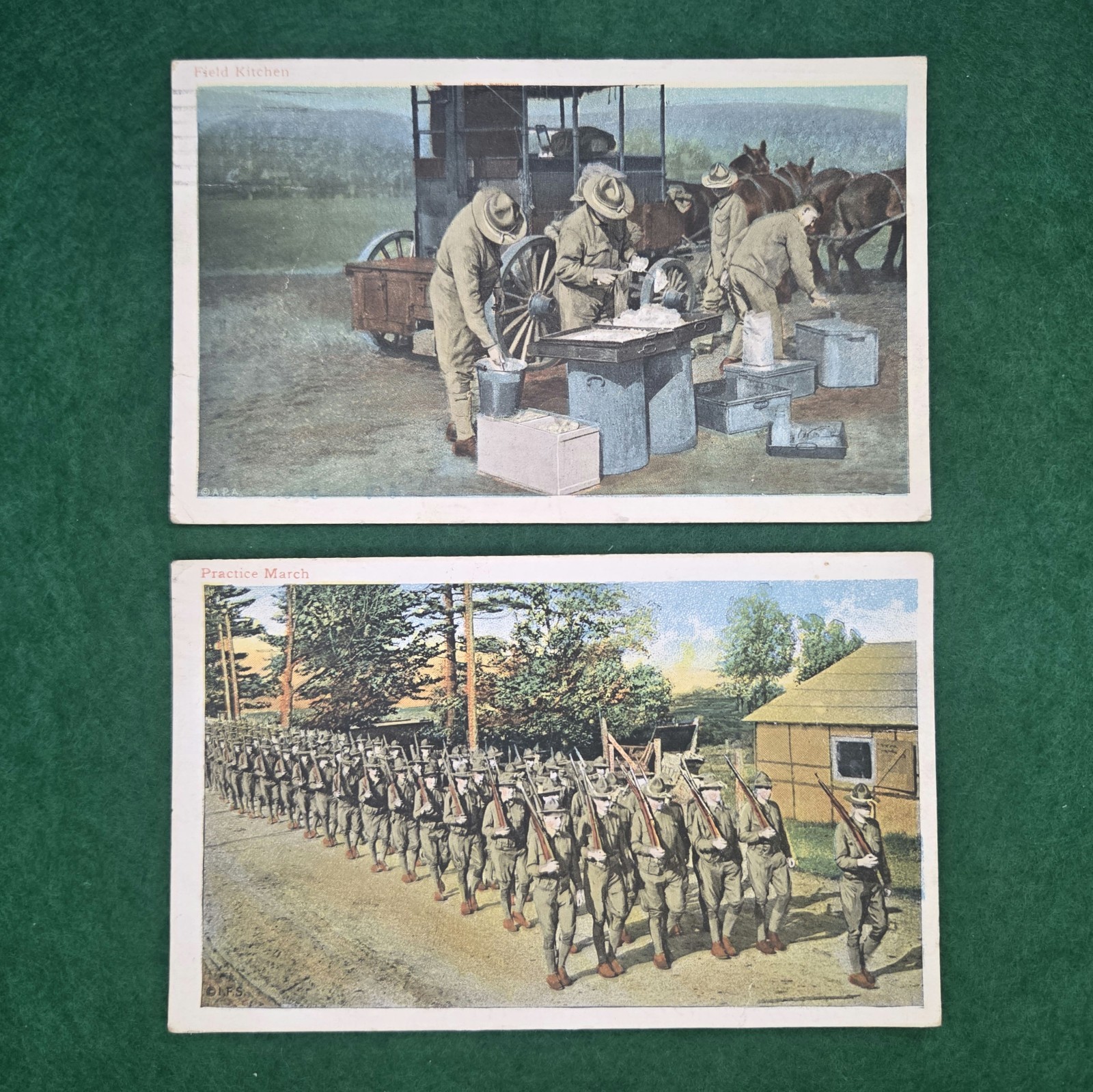 Pair of 1917 WWI Army Postcards Field Kitchen Practice March Camp Pike Postmark