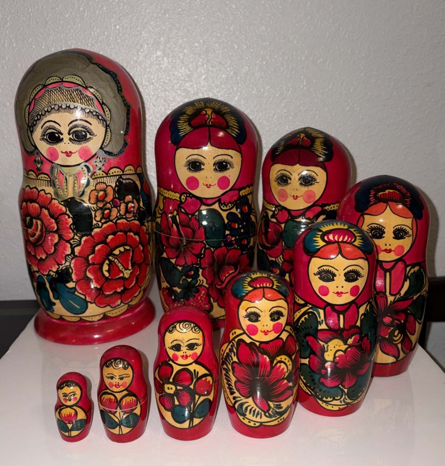 Vintage Russian Nesting Dolls Matryoshka Floral Dress Large Set of 9 dolls