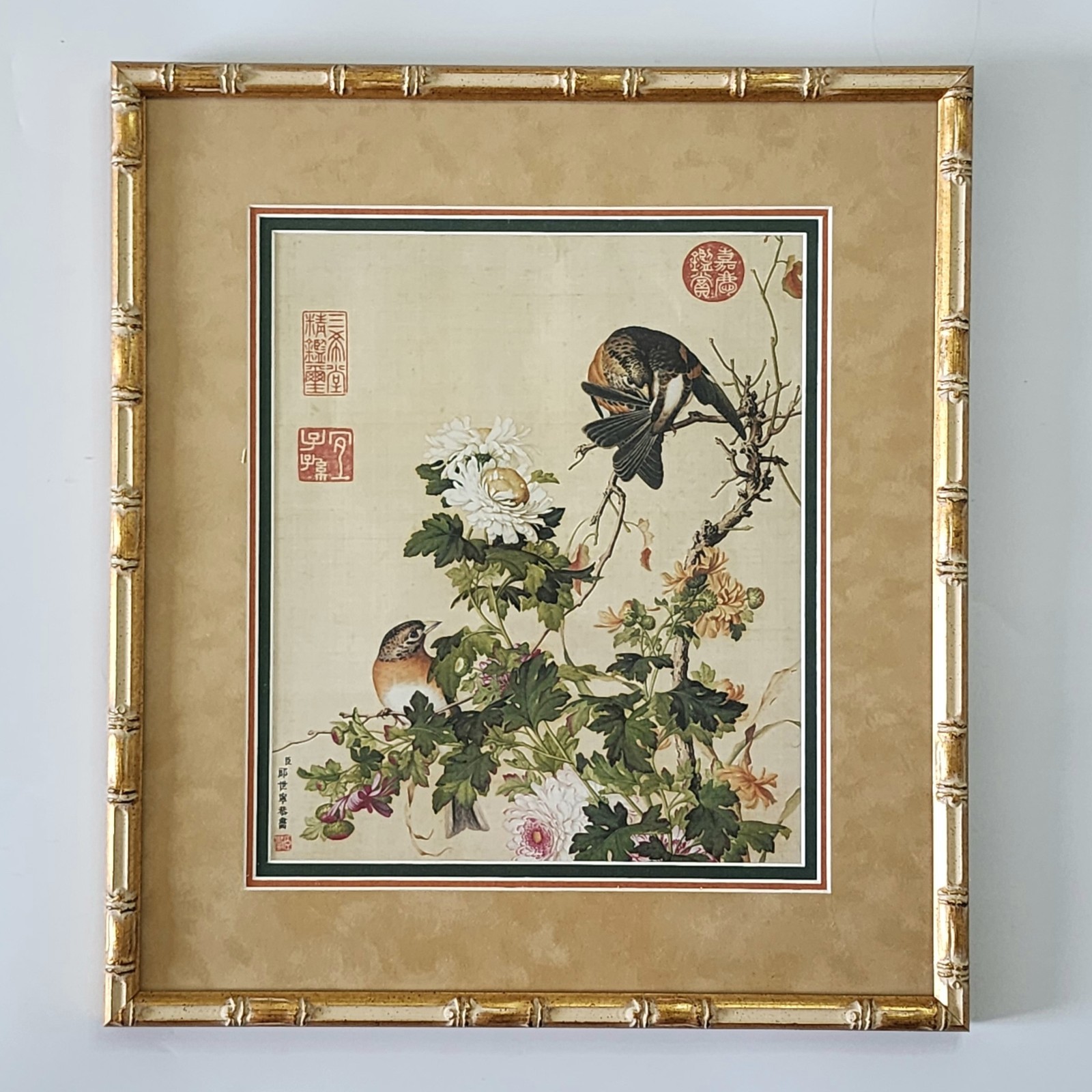 Vintage Giuseppe Castiglione Silk Print Framed Shanghai Museum Bird Chinoiserie