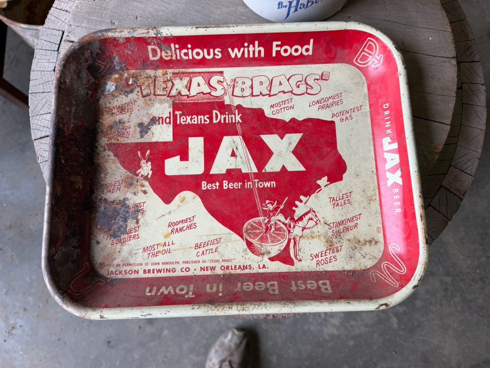 Vintage Jax Beer Tray Texas Brags Tin Litho Advertising Rustic Barware Decor