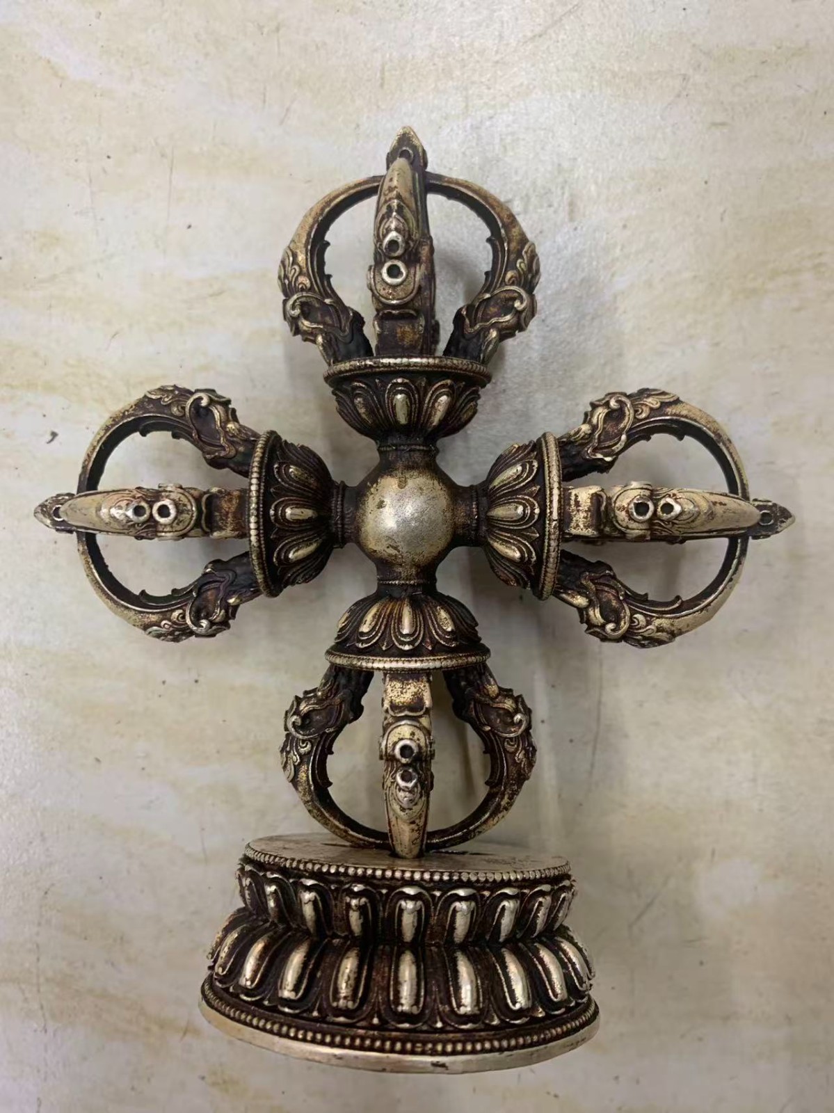 Large Wonderful Tibetan Buddhism Silver Hand Made *4Pointed Vajra* W/Set Statue