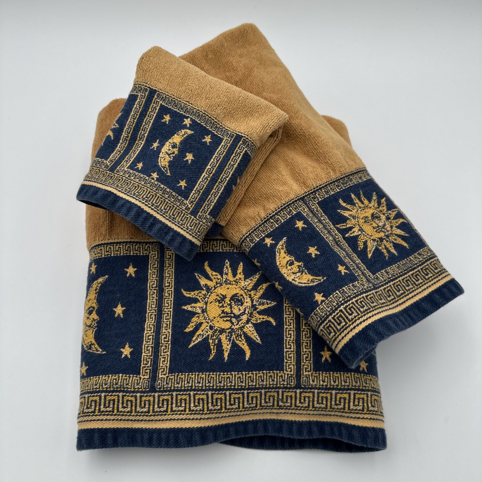 Vintage Y2K 90s Celestial Sun Moon Stars 3 Piece Towel Set Gold Denim