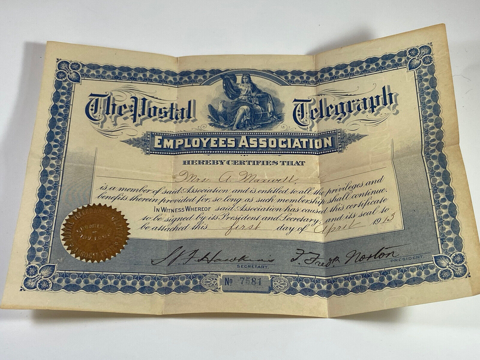 1913 Vintage The Postal Telegraph Employees Association Original Certificate OLD