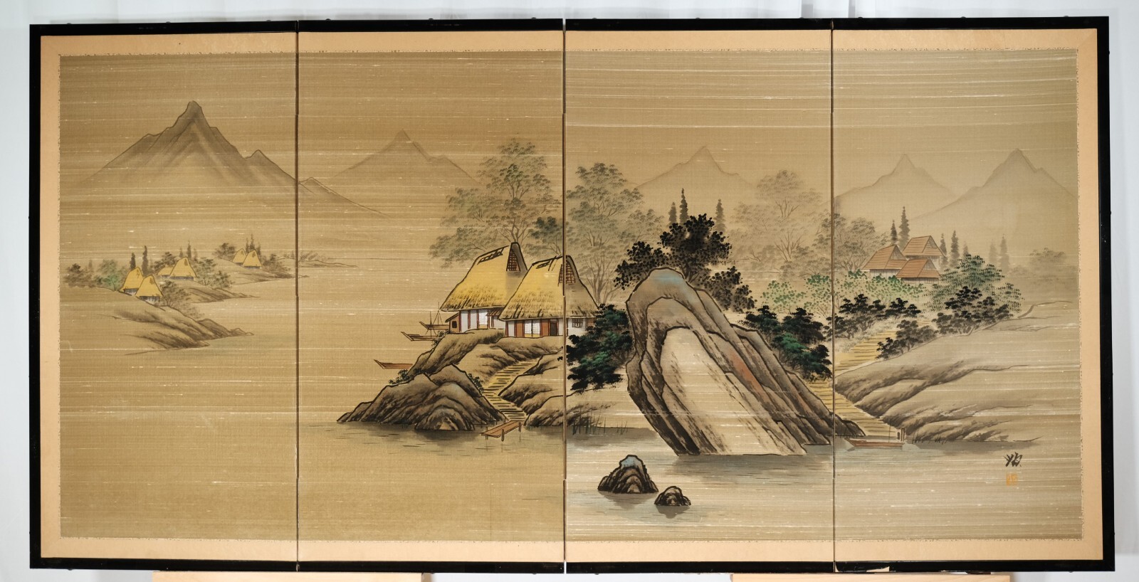 Japanese 4-Panel Byobu Riverside Thatched Homes Hand Signed & Painted Divider