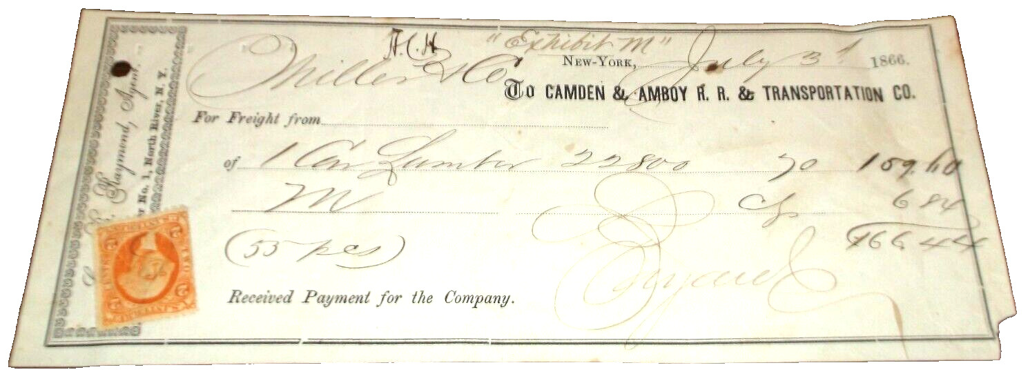 JULY 1866 CAMDEN AND AMBOY RAILROAD FREIGHT RECEIPT CIVIL WAR TAX STAMP
