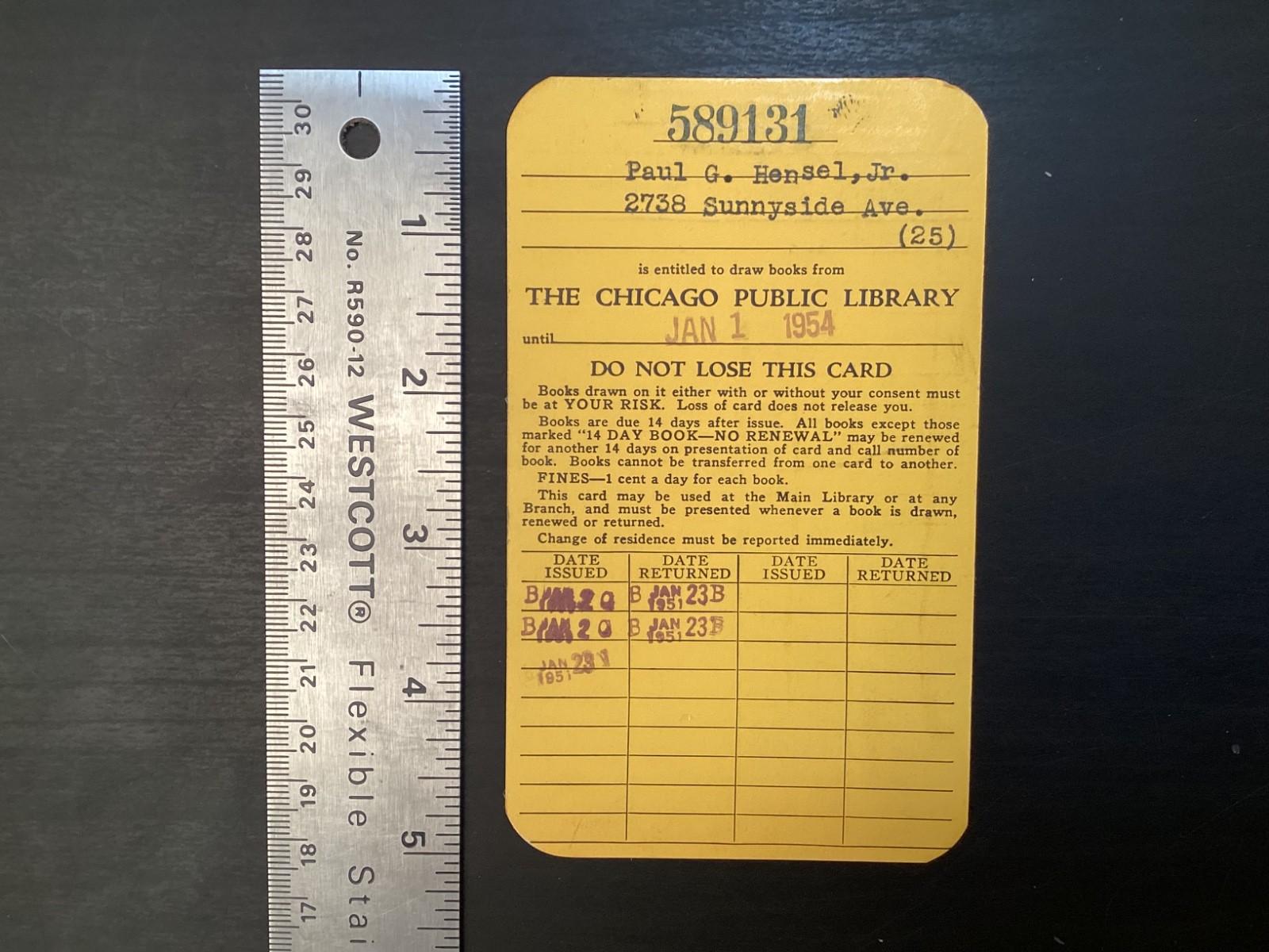 Vintage 1954 Chicago Public Library Card