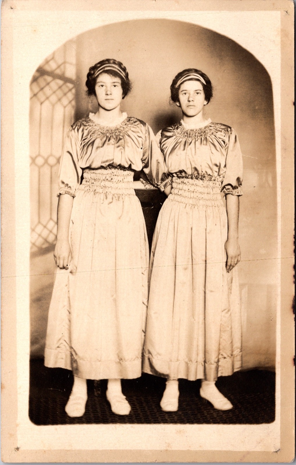 Real Photo Postcard Twin Girls Shirred Dresses Portrait Early 1900s Fashion