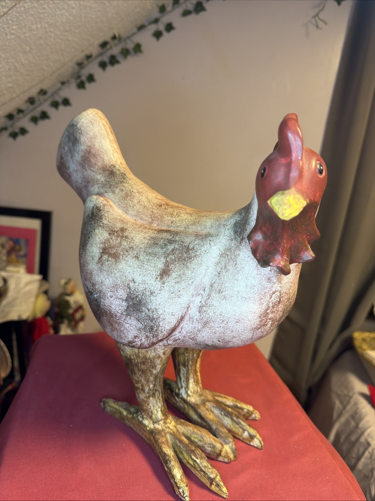 Vintage Folk Art Chicken Figurine Plaster Chalkware Rooster Statue Farmhouse 12
