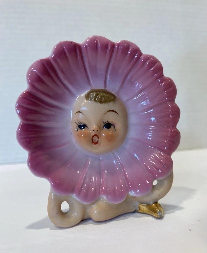 Vintage 50's Anthropomorphic Face in Pink Daisy Flower W/ Gold Shoes Japan