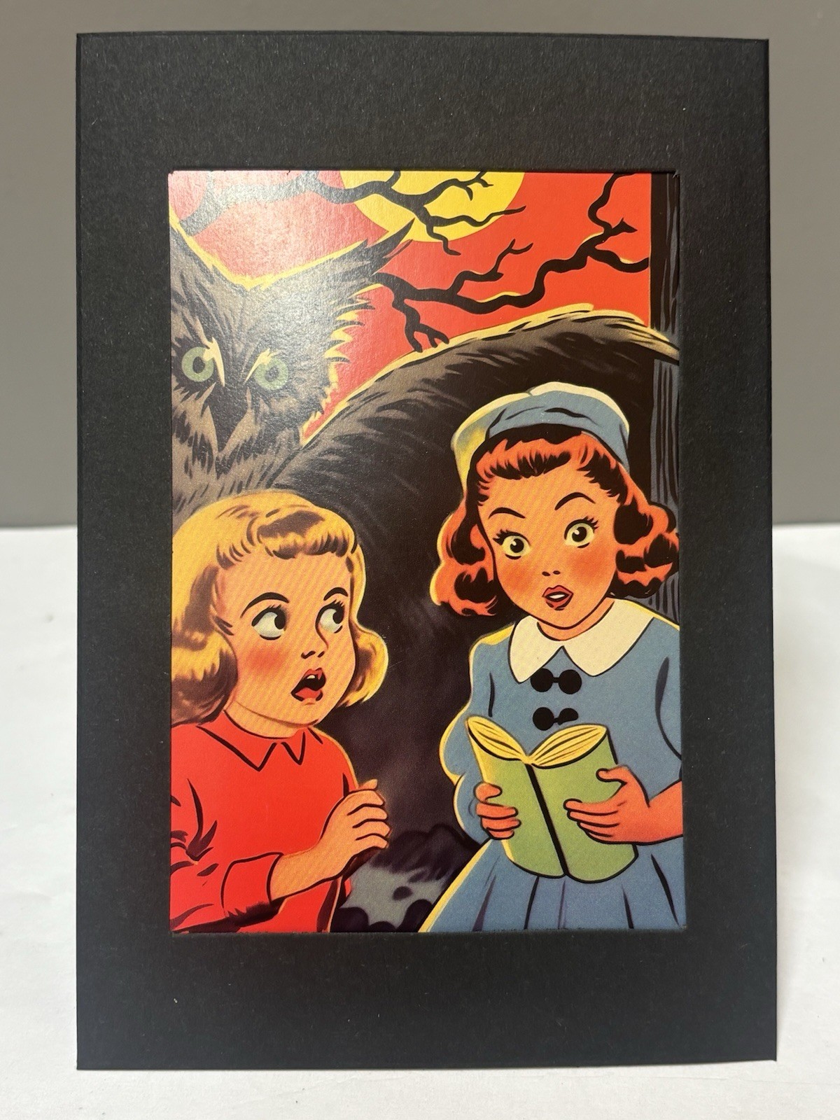 Halloween Owl Girls Spooky Story Print Vintage Style Black Cardboard Frame