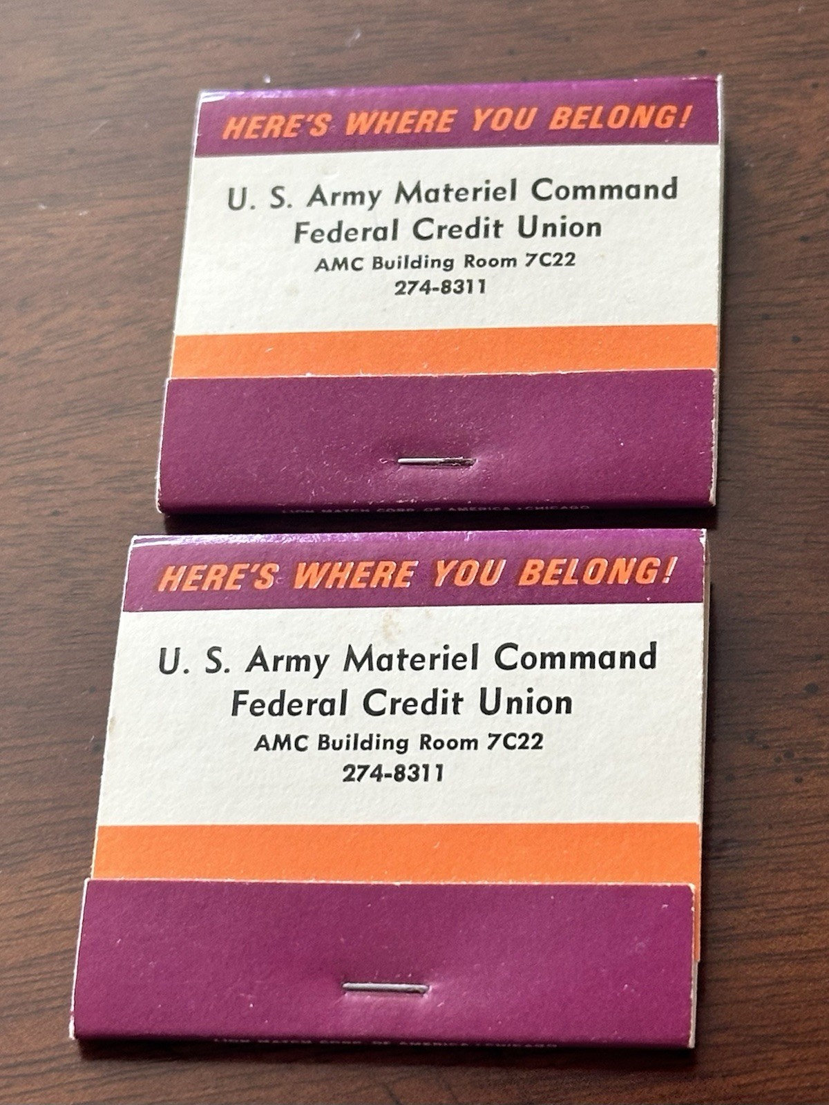 2 Vintage Matchbooks US Army Material Command Federal Credit Union AMC * Error