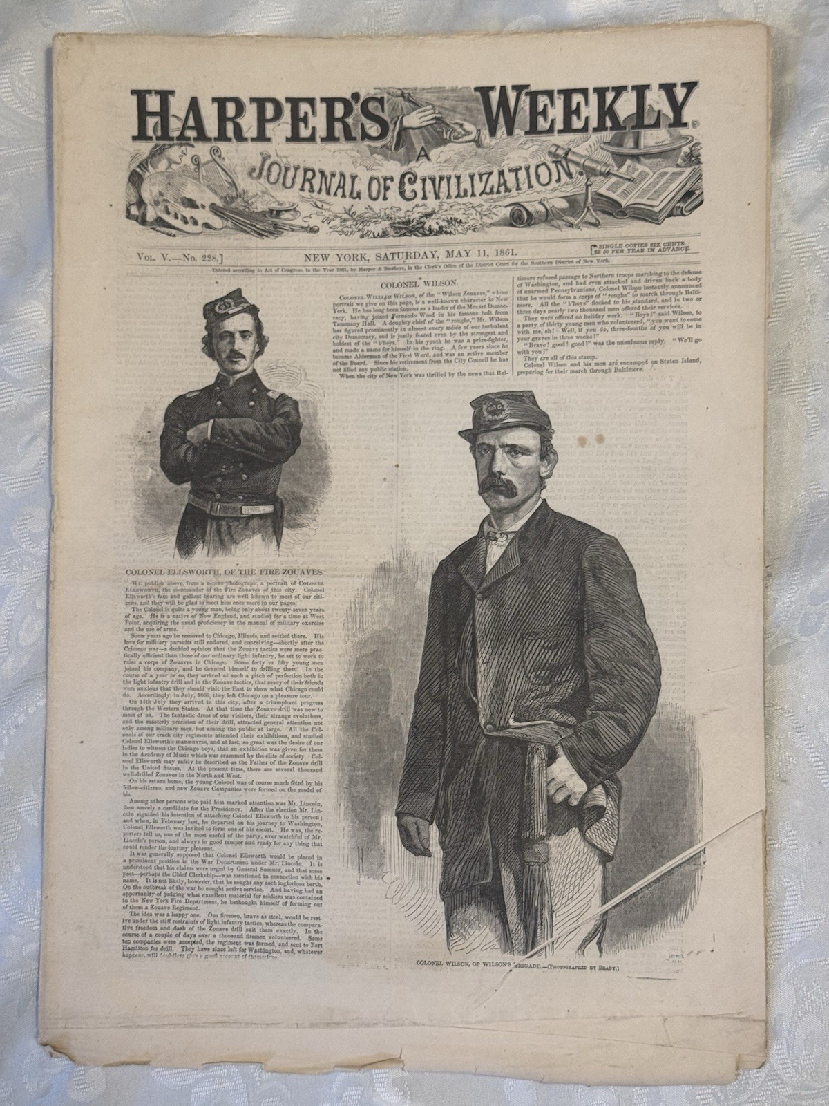 Harper\'s Weekly May 11, 1861 Original Complete Colonel Ellsworth And Wilson