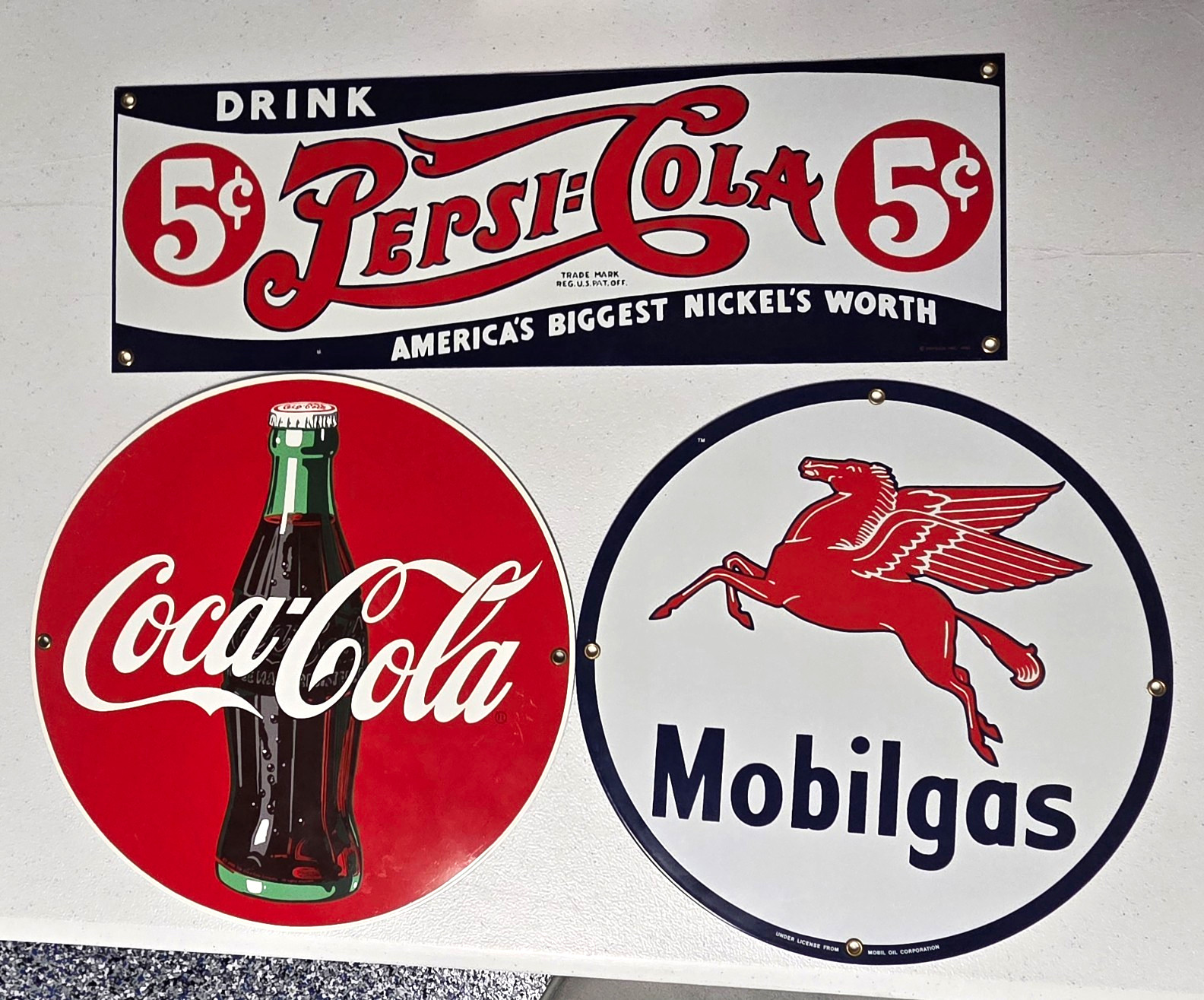 Lot of 3 Vintage Ande Rooney Porcelain Enamel Signs Mobilgas Coca Cola Pepsi