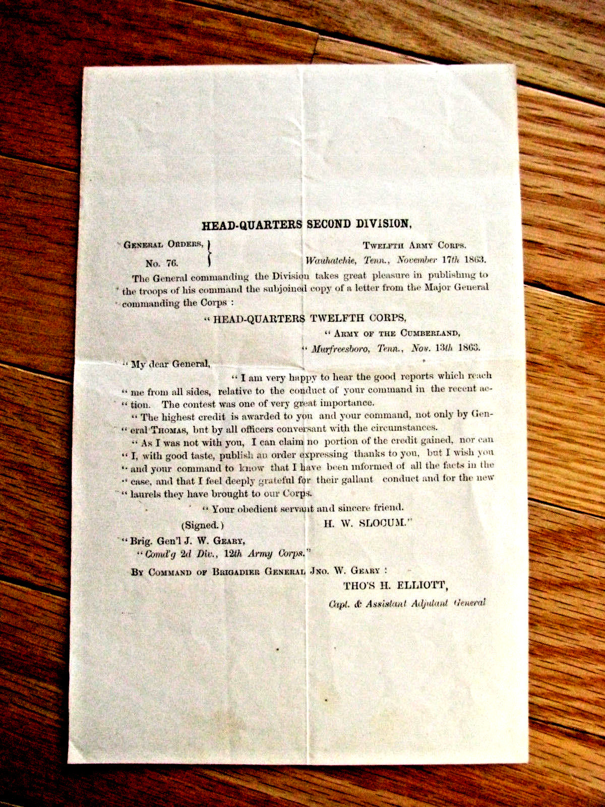 CIVIL WAR TENNESSEE  BATTLE OF WAUHATCHIE GENERAL JOHN GEARY  VICTORY ORDER 1863